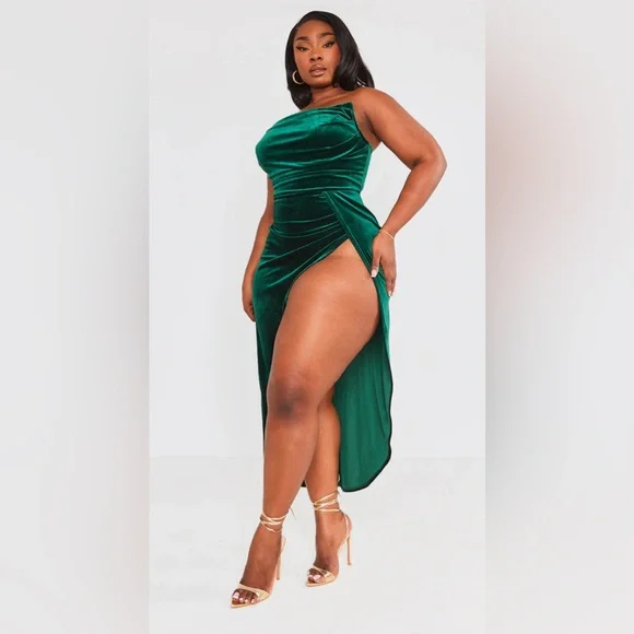 Long Sleeve Plus Size Velour Dress PrettyLittleThing Dresses Pretty Little  Thing Plus Green Velvet Boned Bandeau Maxi Dress Sz 22 Nwt Poshmark